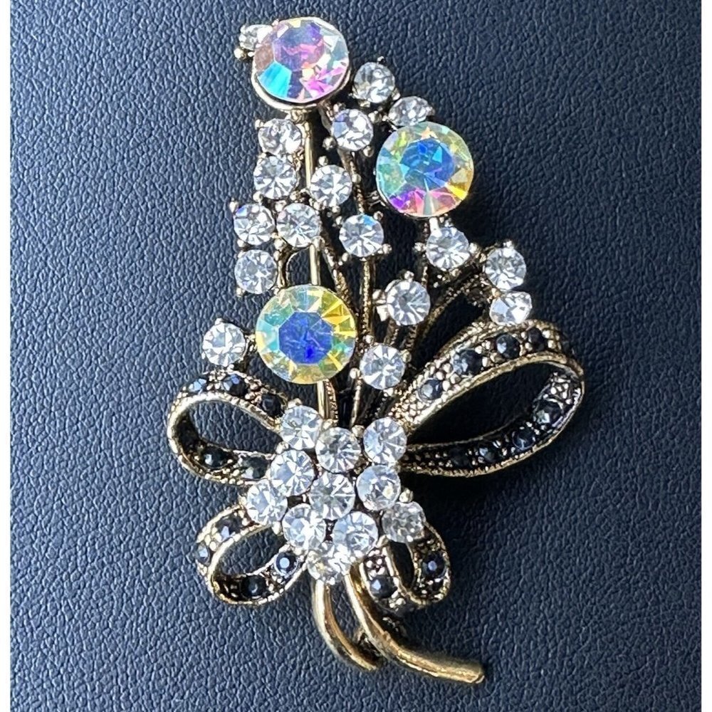 Artisan MCM Brooch Pin 2.25 Inch Flower Bouquet Ribbon Black AB Rhinestones Gold